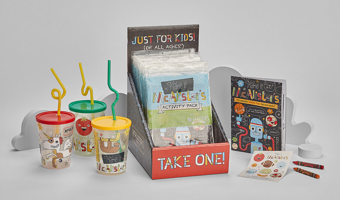 McAlister’s Deli with custom cup curly straw Activity Pack Activity Book with custom stickers and Crayons